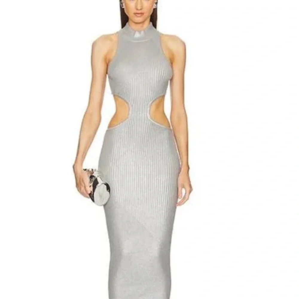 Backless Silver Ribbed Cutout Maxi Dress - Picture 1 of 2